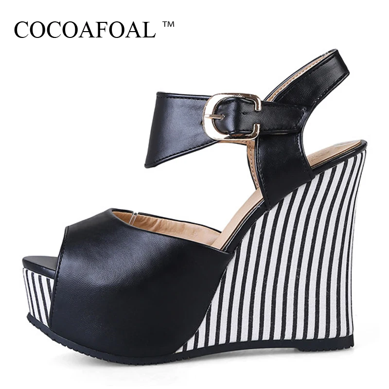 

COCOAFOAL Women Wedges Sandals Plus Size 32 - 45 Pink High Heels White Wedding Shoes Black Blue Sexy Peep Toe Summer Pumps 2018