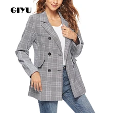 GIYU Spring Women Gray Plaid Printing Blazer Long Sleeve Double Breated Jackets Sexy Slim Tops Casual camiseta mujer GIYU Spring Women Gray Plaid Printing Blazer Long Sleeve Double Breated Jackets Sexy Slim Tops Casual camiseta mujer