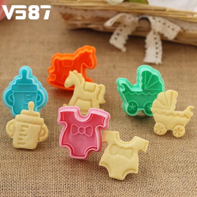 

Cookies Biscuit Plunger Cutter 4Pcs/Set Fondant Cake Mould Baby Pram Clothes Rocking Horse Milk Bottle Baking Decorating Tools