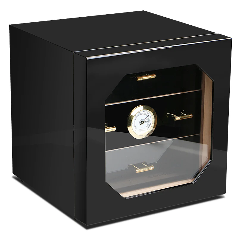 Promotion Price! COHIBA Black High Glossy Cedar Wood Cigar Cabinet Humidor Storage Box W/ 3 Drawers Hygrometer Humidifier