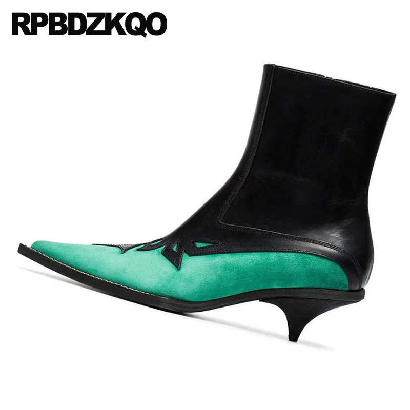 Las Otoño Marca Zapatos Cremallera Mujeres Punta Caída Diseñador Cuero Mano Gamuza Verde Corto A 2018 De La Patchwork Tobillo Hecho Genuino Lujo wIadavq