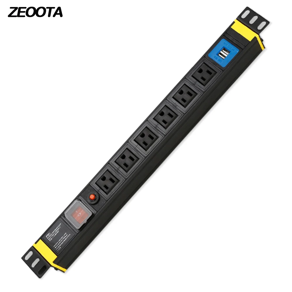 

1U PDU Power Strip Cabinet Distribution Unit Socket with USB 1U 6way US Plug Outlets Overload Protection with 2m Extension Cord