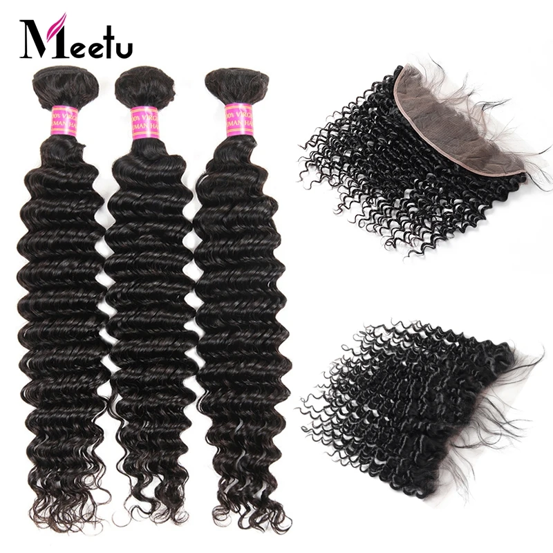 Meetu Indian Deep Wave Bundles with Frontal Non Remy Human Hair Bundles