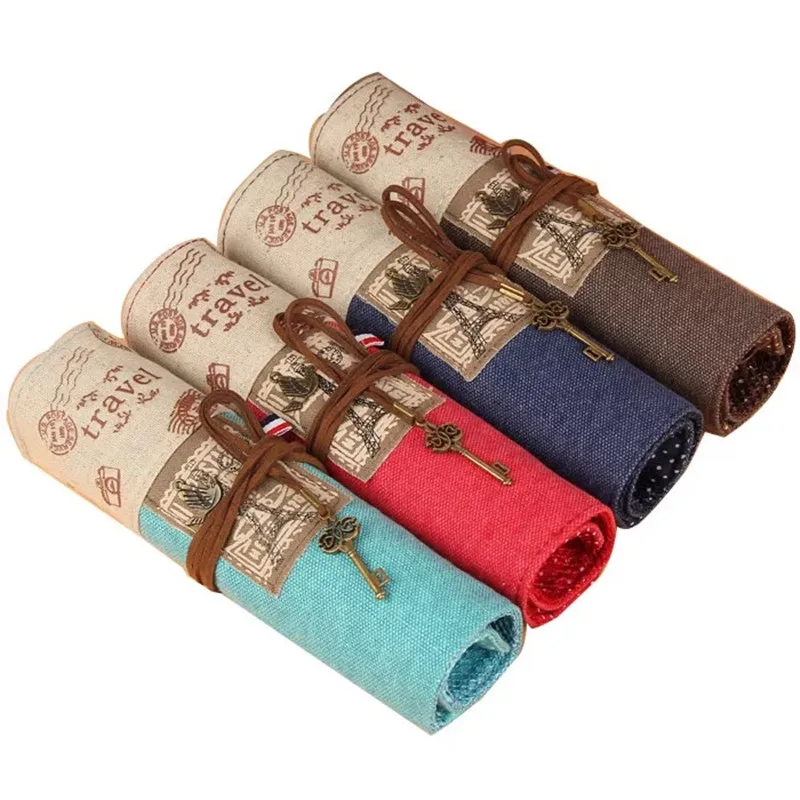Pencil Bags Retro Canvas Painting Stationery Roll Pencil