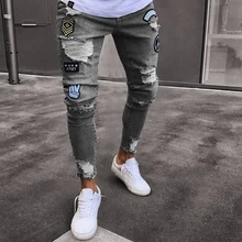 2019 New Men Stylish Ripped Jeans Pants Biker Skinny Slim Straight Frayed Denim Trousers New Fashion Skinny Jeans Plus Size 3XL plus size frayed pencil jeans