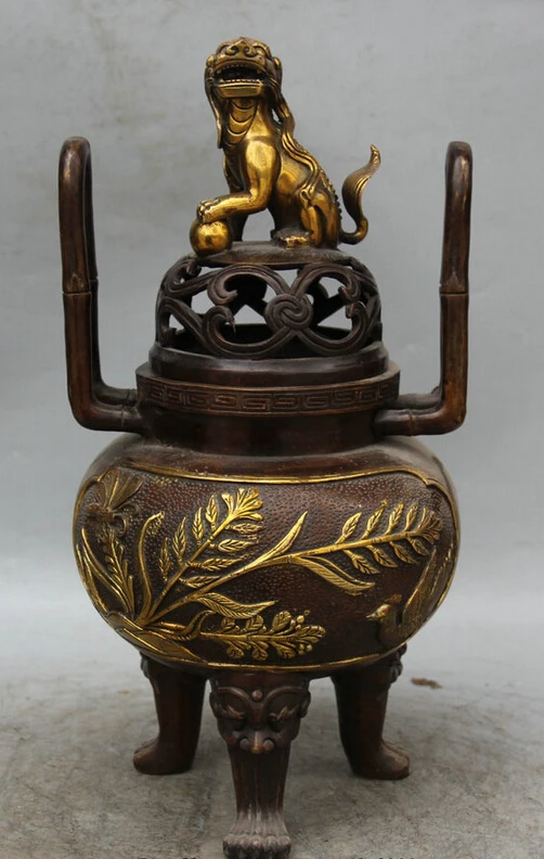 

Elegant old S2298 14" China Bronze Gild 3 Foot Beast Head handle Lion grass Incense Burner Censer statue