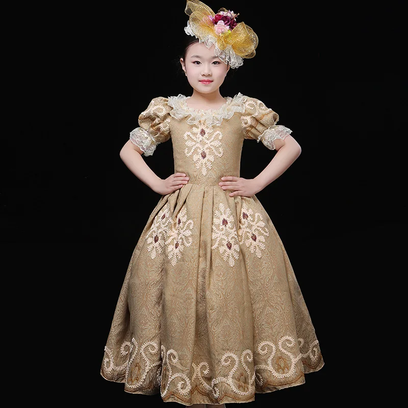 

2019 Summer Children Champagne Masquerade Party Dress O-Neck Short Sleeve Lace Christmas Stage Ball Gowns Costumes