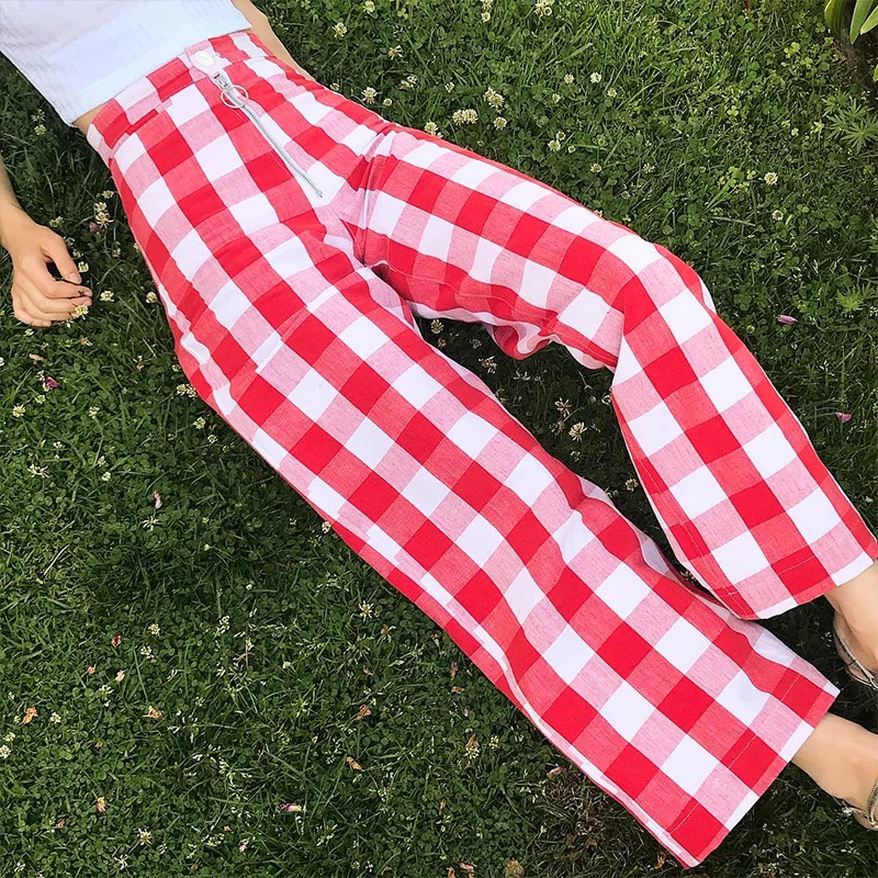 InstaHot красные, синие широкие клетчатые брюки длиной до щиколотки, женские свободные брюки, осенне-весенние повседневные уличные модные женские брюки