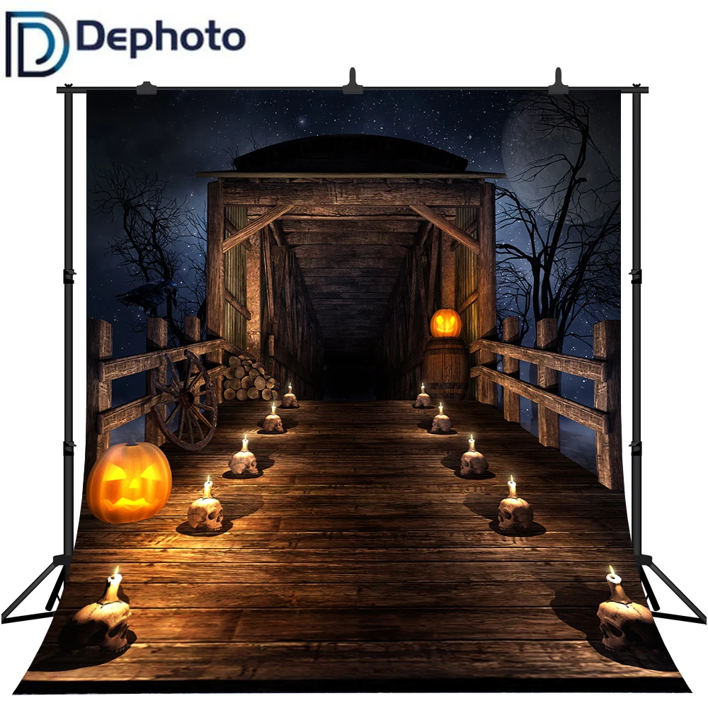

Dephoto Full Moon Night Starry Sky Halloween Background Wooden Bridge Skulls Candle Light Pumpkin Lanterns Kids Photo Backdrop