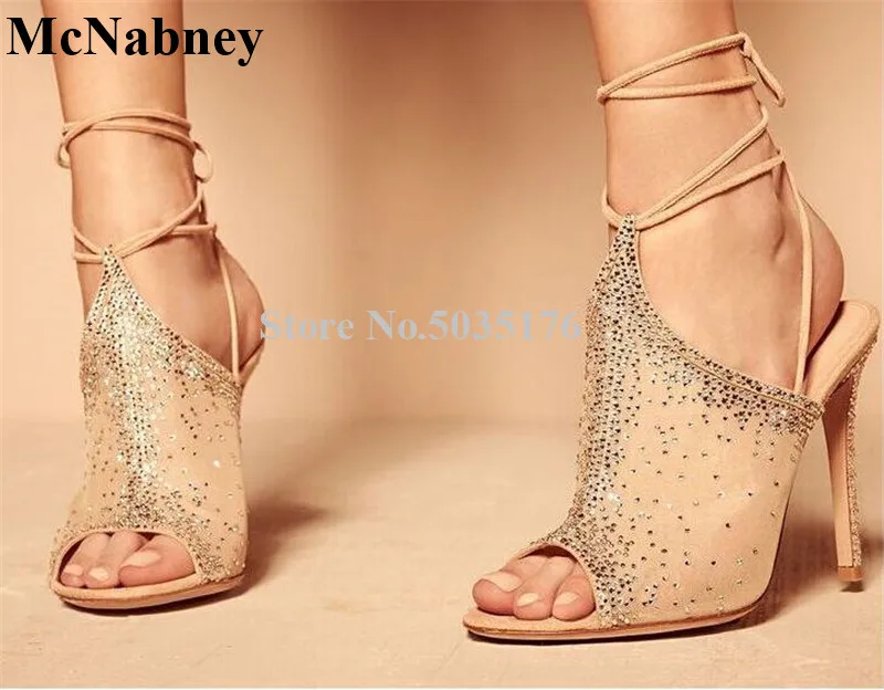 

2019 European New Cross-tied Peep Toe Rhinestone Bling Lace-Up Sandals Ankle Strap High Stiletto Heel Sandals Dress Women Shoes