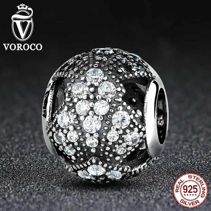 VOROCO 925 Sterling Silver Oriental Fan Clear CZ Stones Round Charms Fit Pandora Bracelets Bangles DIY