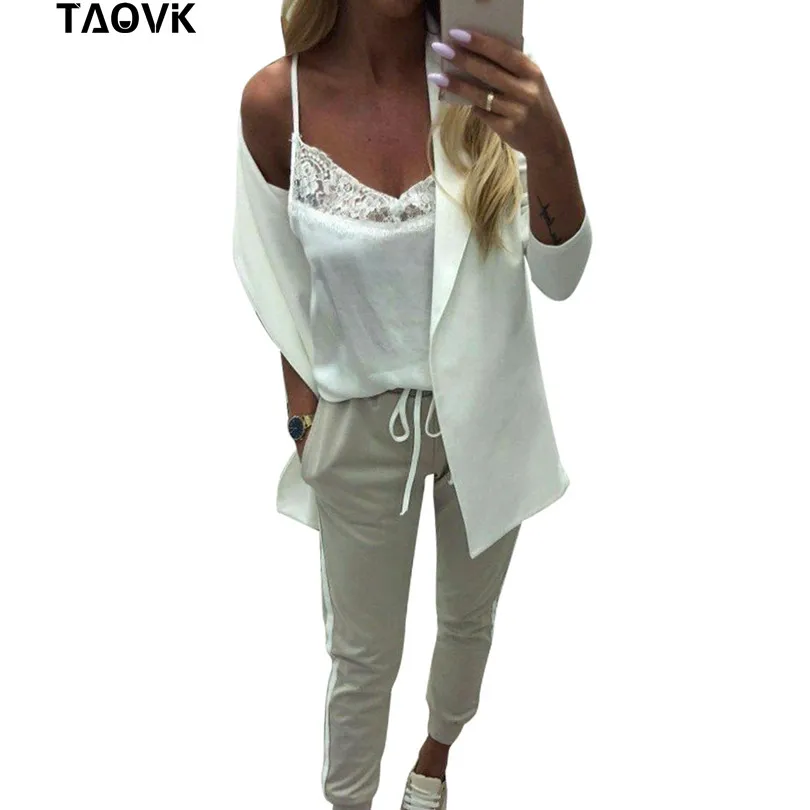 TAOVK Women's Suits Turn-down Collar Jacket White Striped Pant two Pieces Set Pant Suits woman's sport costumes Feminine clothes