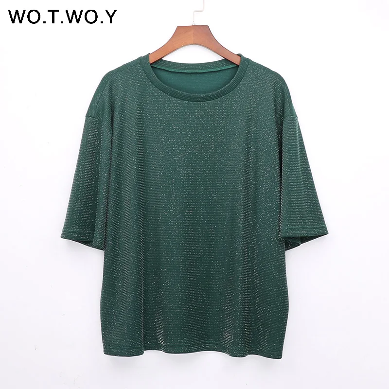 WOTWOY Lurex Sequin Tops Women Summer O-Neck Tee Shirt Women Cotton Short Sleeve Casual T-Shirt Female Solid Shiny T Shirt 2018 WOTWOY Lurex Sequin Tops Women Summer O-Neck Tee Shirt Women Cotton Short Sleeve Casual T-Shirt Female Solid Shiny T Shirt 2018