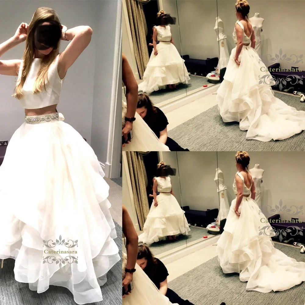 

2019 Womens 2 / Two Pieces Wedding Dress Scoop Bride Gown for Girls Chapel Train Fit and Flare A Line with Crystals