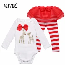 Рождественская Одежда для новорожденных девочек возрастом от 3 до 18 месяцев комбинезон с оленем и штаны в полоску Одежда для первого Рождества спортивный костюм