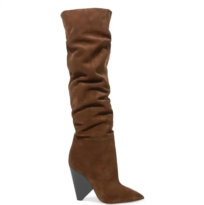 BuonoScarpe Leather Knee High Boots Woman Pointed Toe Strange High Heel Shoes Women Chic Spike Heel Long Pleated Boots New - Цвет: brown suede