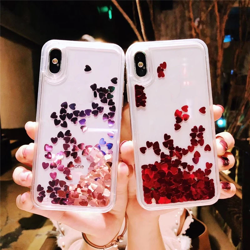 

Capinha Case For iPhone X XS MAX XR 8 7 6 6s Plus Glitter Liquid Quicksand Soft TPU Phone Cover Heart Shaped Fundas For Women