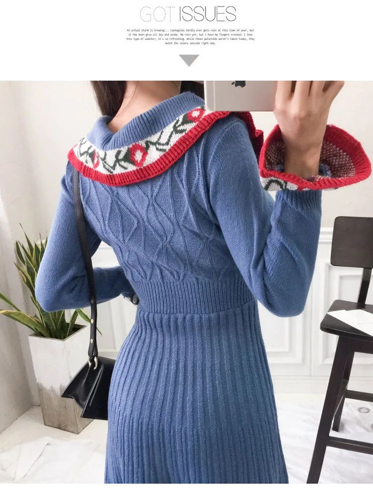 SMTHMA высококачественное зимнее Новое корейское платье темперамент ретро тонкий расклешенный рукав вязаный жаккардовый свитер платье