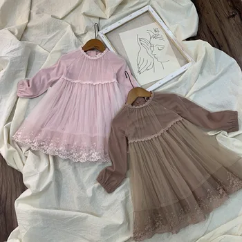 

Roimyal Wholesale 2019 spring new 4-8 year old girl round neck long sleeve solid color organza princess fluffy dress