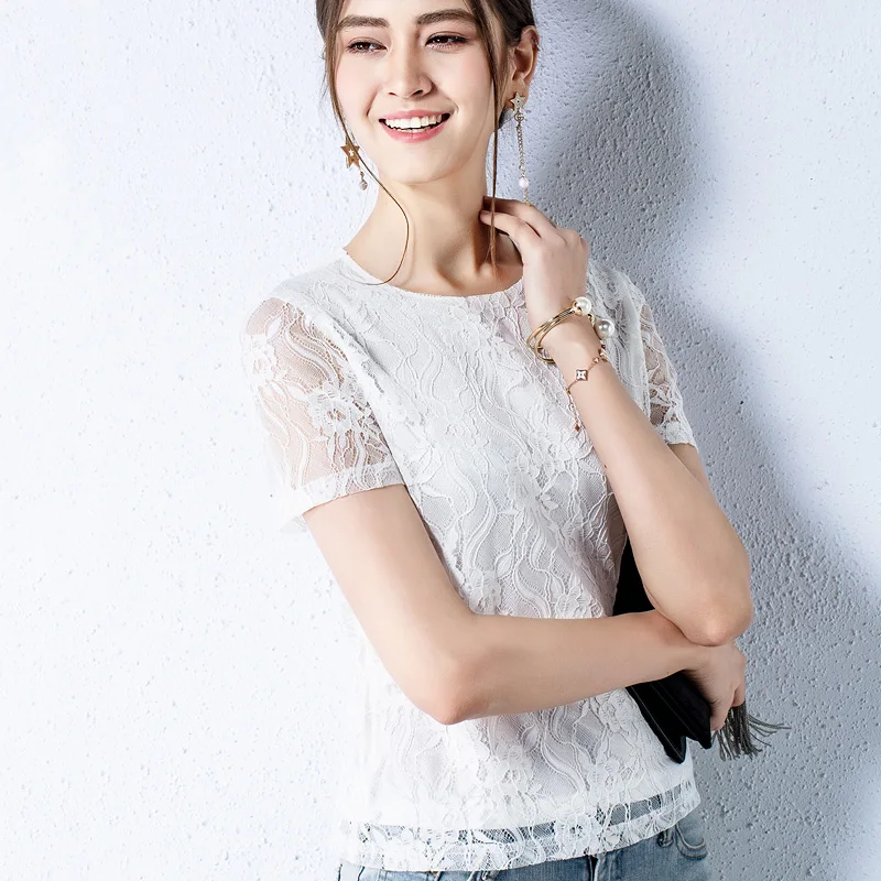 

2019 New Arrival Tops for Women Casual O-Neck Short Sleeve Lace Shirt Beautiful Ladies Fashion Solid Color White Apricot Clothes