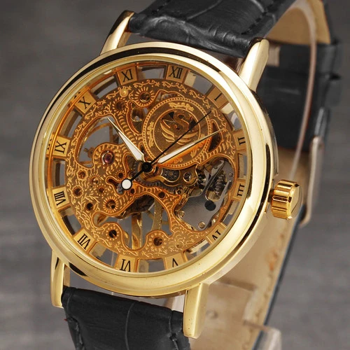 

Hot Sales Men's Gorgeous Ultra-thin Golden Hollow Carve Dial Luxury Mechanical Clock Watch 5V87
