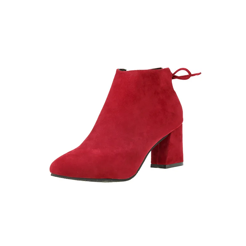 

2018 autumn and winter new Korean version of the pointed thick with the side zipper wild women's booties red 1102