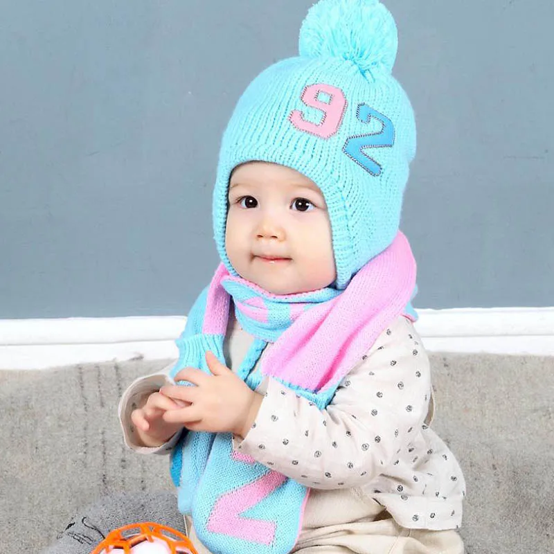 Doitbest/детская шапочка для детей от 6 месяцев до 2 лет, вязаные меховые шапки с двумя косами для мальчиков, шерстяной зимний комплект из 2 предметов, шарф и шапка для маленьких девочек - Цвет: light blue