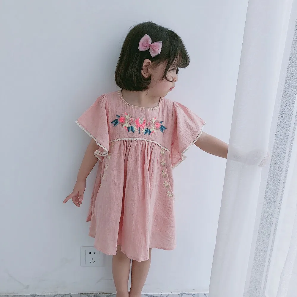 Детское платье г. Брендовые весенне-летние платья с короткими рукавами и цветочной вышивкой для девочек Новая Модная хлопковая одежда для маленьких детей