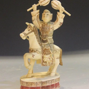 

China Cattle Bone Handmade Carved Soldier Brave Warrior Ride a Horse Statue