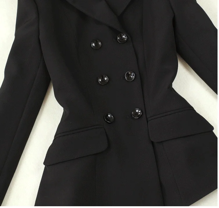 Весенняя мода, большой размер, женский осенний и зимний стрейч черный тонкий двубортный маленький костюм со сборками, расширенные брюки
