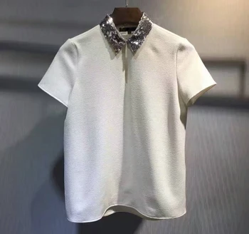 

fashion white blusas amazing sequins collar T-shirts for women,bling bling short sleeve blouse,elegant women crop top female