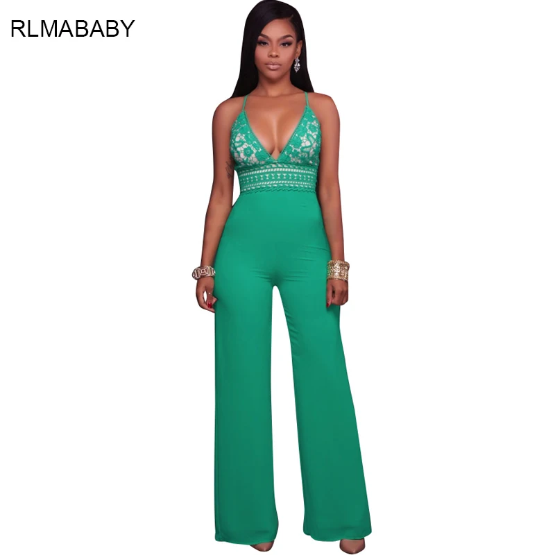 Tobinoone Deep V Neck Lace Sequin Jumpsuit Sexy Women