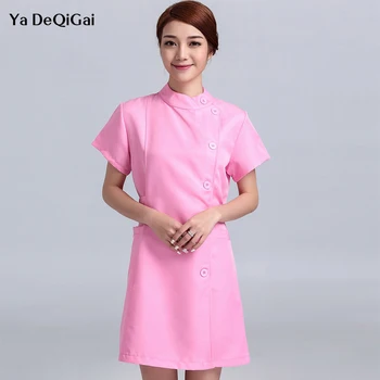 

IF new pink and white short Sleeve Stand collar women Medical Coat Uniform Medical Lab Coat Hospital Doctor Slim