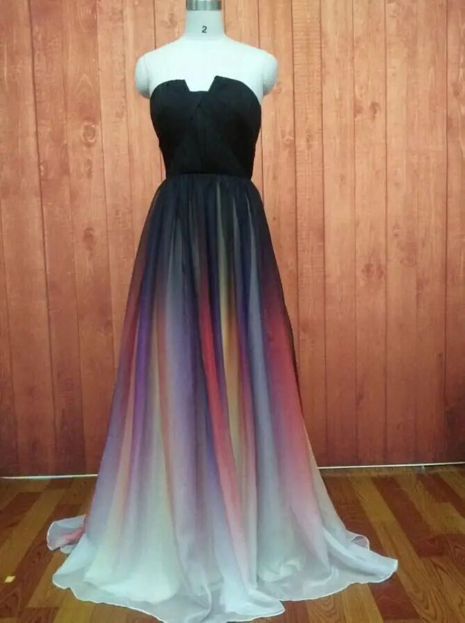 

Gradient Ombre Chiffon Prom Dress Evening Dress Strapless with Pleat Chiffon Women Wedding Party Dress