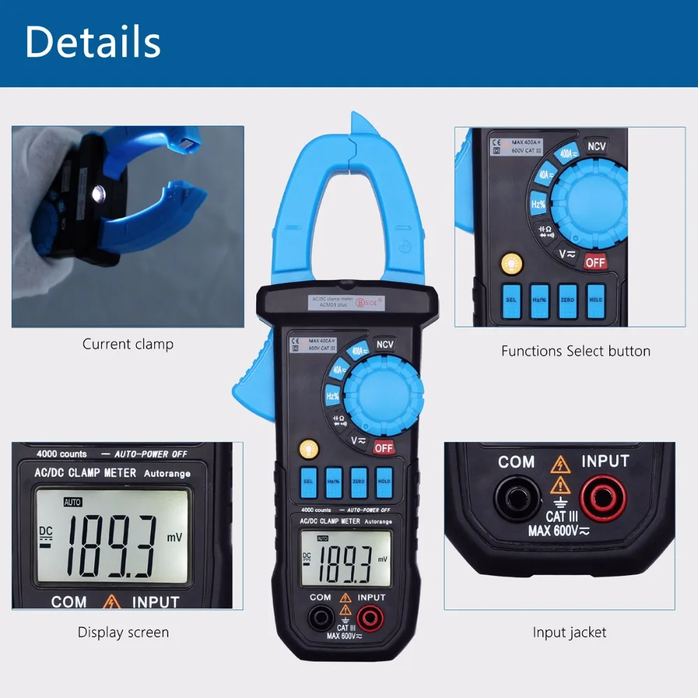 AimoTek ACM03 Plus Auto Range Digital Clamp Multimeter AC DC Current Voltage Resistance Capacitance Hz Meter Tester NCV Function AimoTek ACM03 Plus Auto Range Digital Clamp Multimeter AC DC Current Voltage Resistance Capacitance Hz Meter Tester NCV Function