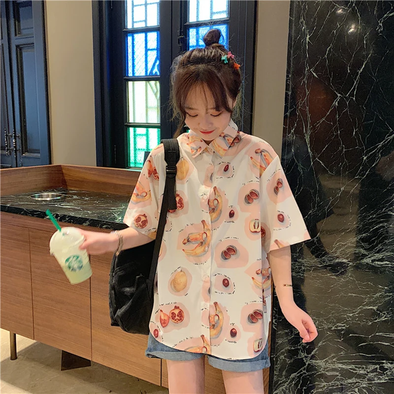  Shirts Women Summer Korean Style Loose Short Sleeve Chiffon Womens Shirt Printed Turn-Down Collar S