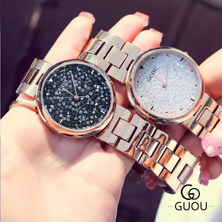

2019 GUOU Fashion Rhinestone Watch Women Luxury Stainless Steel Big Dial Waterproof Six-pin Calendar Quartz Watch &Gift Bracelet