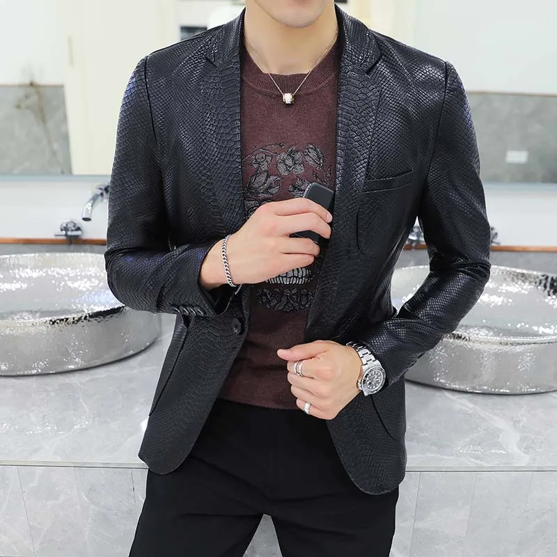  Autumn Black Men PU Suit Jacket Fashion Casual Leather Coats men Slim blazer coat