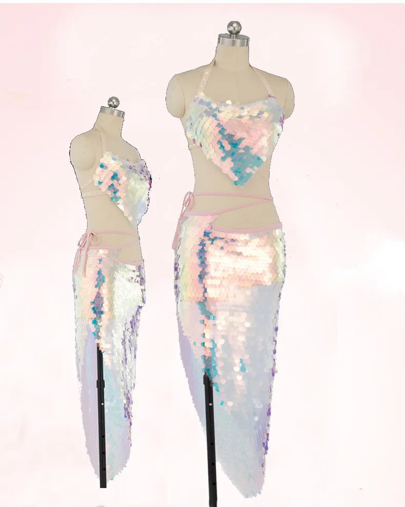 

Women Belly Dance Costume Set Lady bellydance Top+ Hip scarf Wrap Belt Sequin Fish Scale accessories 2pcs Pink Sequin Dancewear