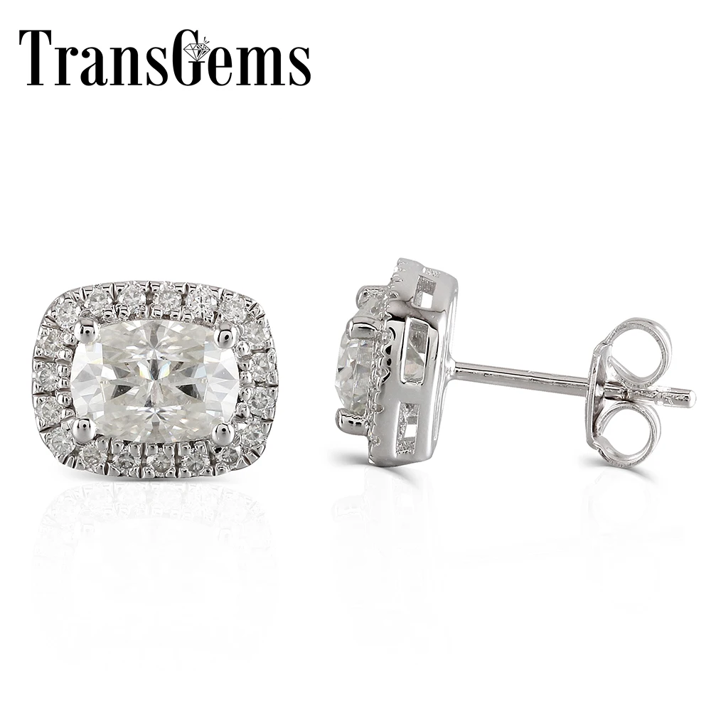 

10K White Gold Post 2.46CTW 5X7mm H-I Color Cushion Cut Moissanite Halo Stud Earring Platinum Plated SIiver Push Back for Women