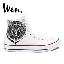 Вэнь оригинальная белая ручная роспись обувь дизайн пользовательские Голова Совы Мужские Женские высокие холщовые кроссовки для подарков