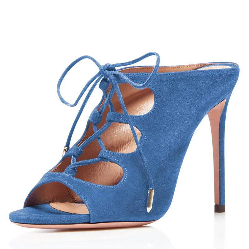 Kmeioo/Женская обувь; американские размеры 5-15; Туфли-гладиаторские шлепанцы на высоком каблуке со шнуровкой и вырезами; свадебные туфли на шпильке с открытым носком - Цвет: Blue