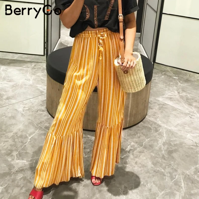 

BerryGo women flare pants Elegant elastic waist Stripe ruffled wide leg long pants Loose casual streetwear trousers female pants