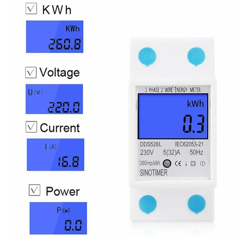 Однофазный двухпроводной Многофункциональный ЖК-дисплей подсветки AC110V/230 V 50/60Hz Din Rail кВт/ч счетчик энергии Ватт метр