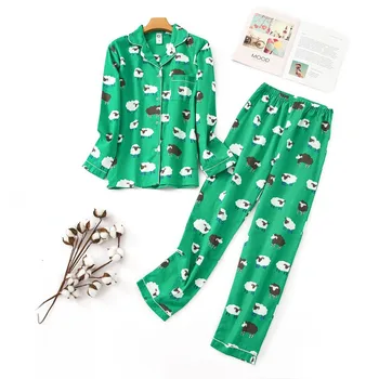 

New Women's pajama sets green color with cute cartoon sheeps printed turn-down collar cotton sweet pajamas for ladies
