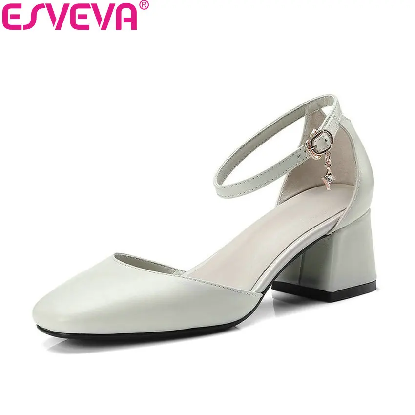 

ESVEVA 2018 Women Pumps Square High Heels Shoes Square Toe Cow Leather PU Buckle Strap Western Style Ladies Shoes Size 34-41