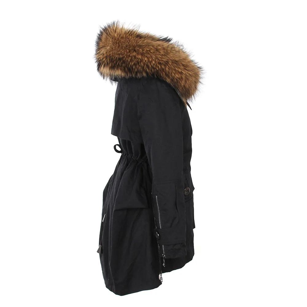 ZVAQS Повседневное Длинная зимняя куртка Для женщин из натурального меха енота меховой воротник парки со съемной подкладкой зимняя куртка Abrigo Mujer ST005 - Цвет: Black black zipper