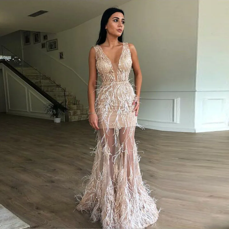 Evening dress Long Sleeve Sleeveless Beaded Feather Jewel Mermaid Modern can be customized In 2018 the new dress popular269