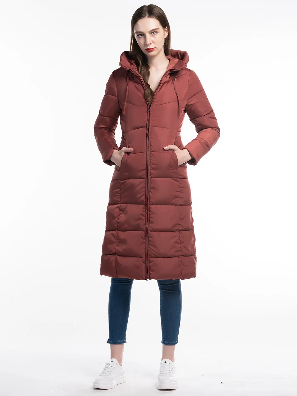 Большие размеры Женское зимнее пальто с капюшоном толстая парка Длинная женская модная куртка на молнии с карманом зимняя куртка женская верхняя одежда FICUSRONG