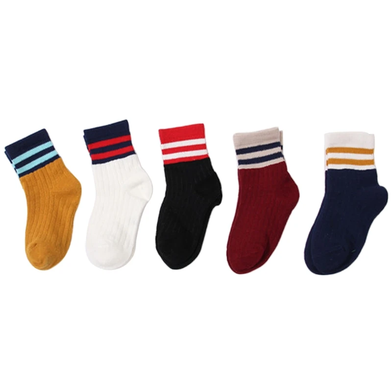 

5Pcs/Set Two Stripes Autumn Winter Cotton Blend Half Crew Tube Socks For Child